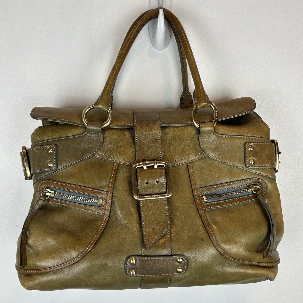 DKNY Purse Army Green Leather Shoulder Strap Double Handles Read